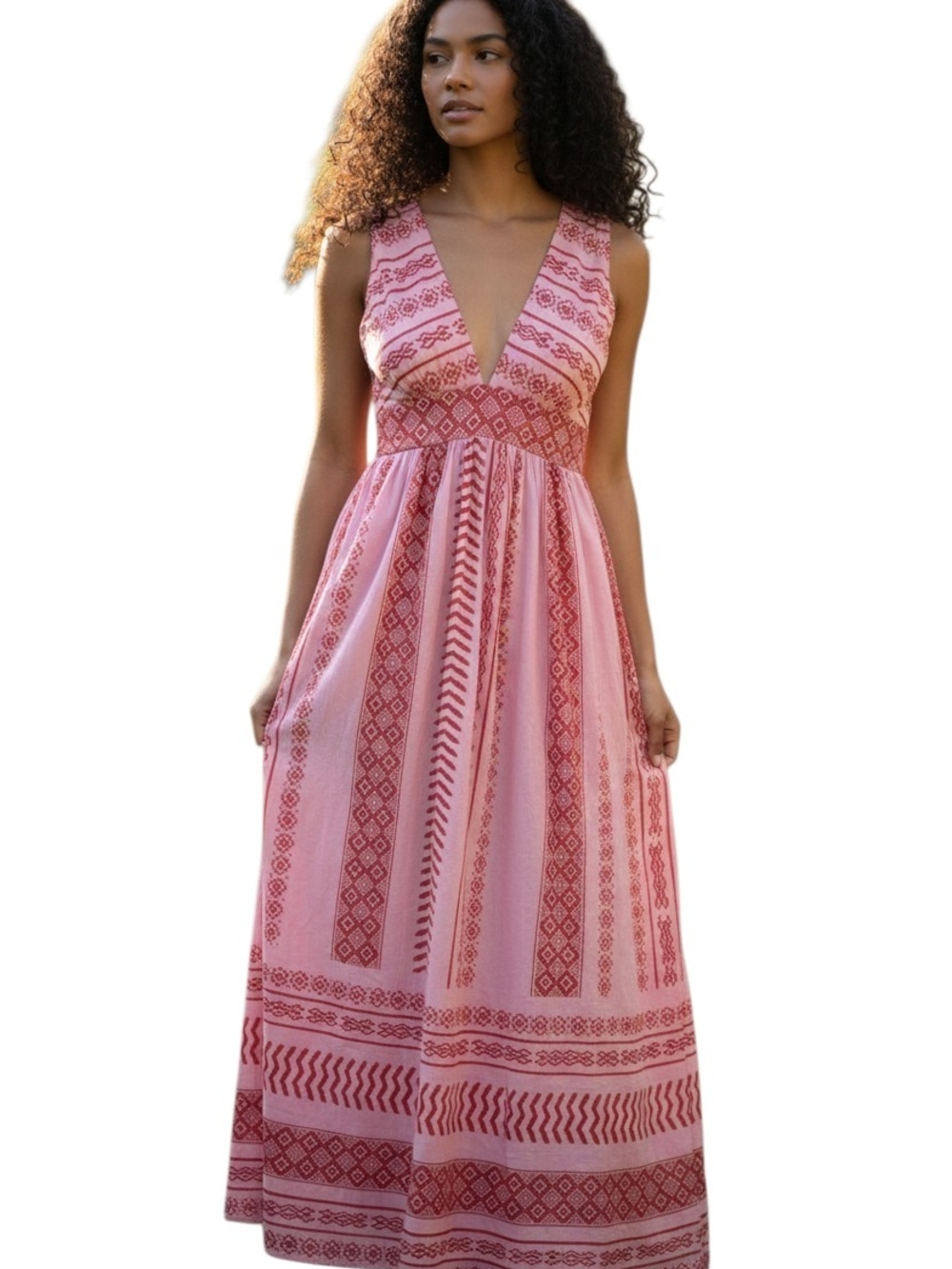 SHEIN Pink Printed V-Neck Sleeveless Maxi Dress
